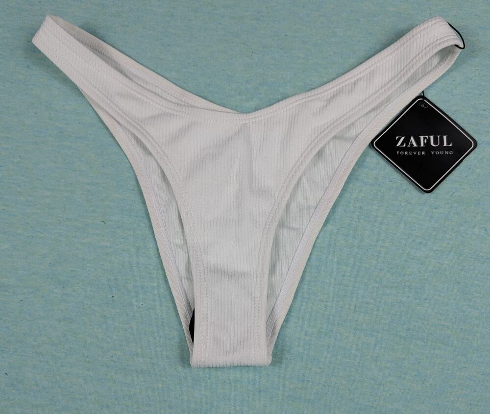 Zaful Swim Bikini Bottom Womens Size 6 White Ribbed Cheeky New w/ Tags